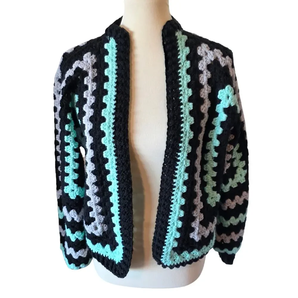 Womens Hand Knit Crochet Cardigan Sweater Size Small / Medium Black White Aqua